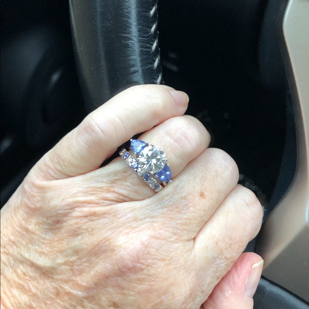 Moissanite Fire And Tanzanite Platineve Ring With Matching Band